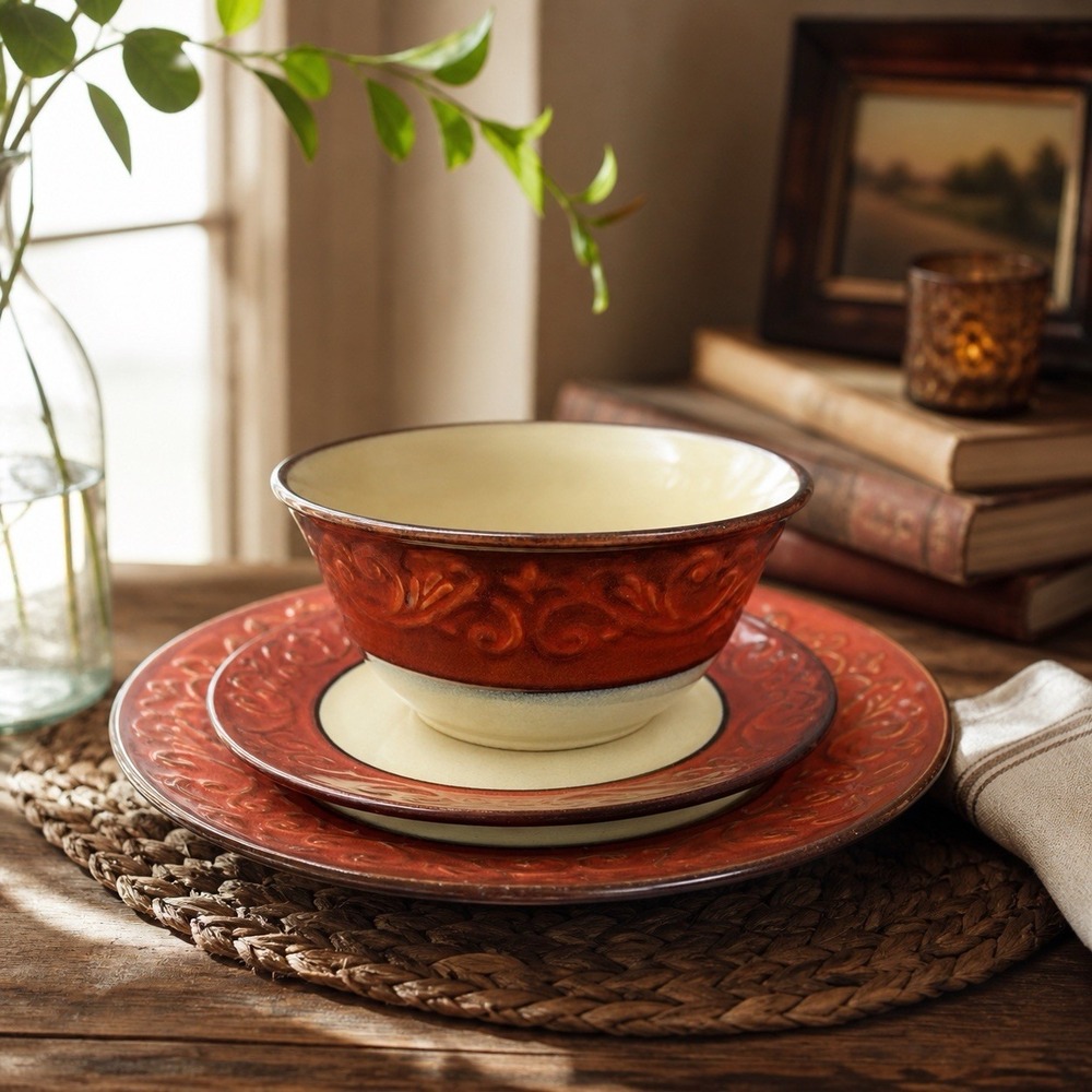Pier 1 Imports Stoneware Red Scroll Pattern Embossed 2 Plate & Bowl Set RETIRED